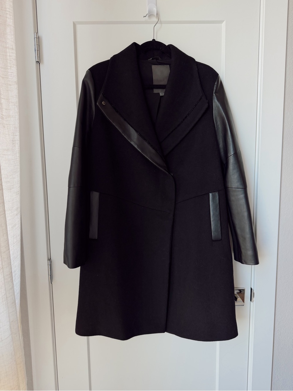 Vera Wang Wool Blend Coat with Leather Sleeves - Black